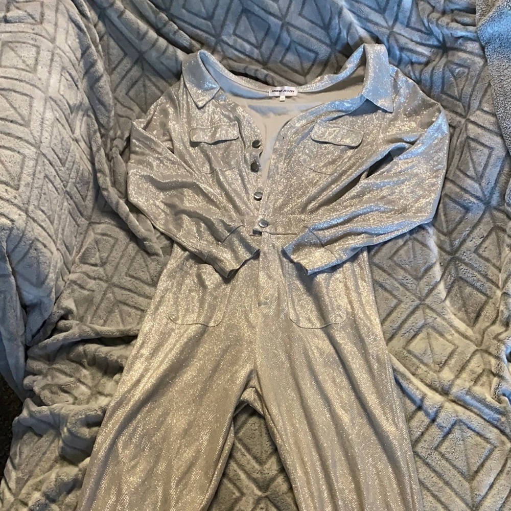 SHANE JUSTIN Silver Sparkle Off Shoulder Jumpsuit